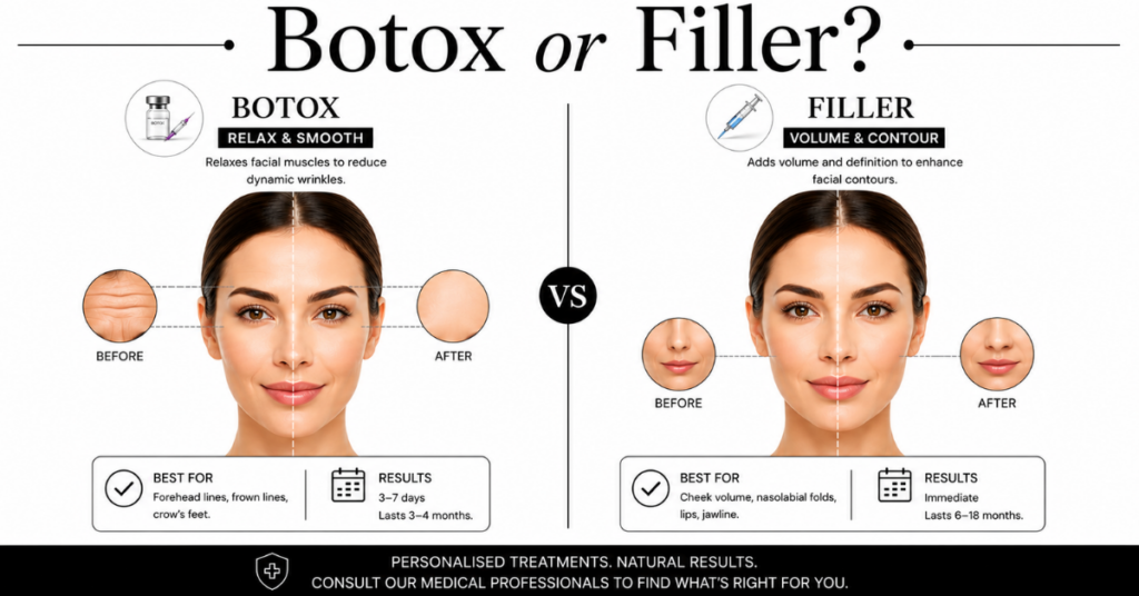 Botox vs filler split comparison, injectable treatments at Beleco Clinic Malaysia