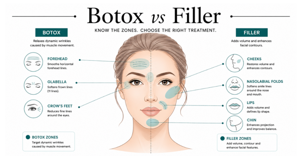 Face diagram showing Botox treatment zones and filler treatment zones by Beleco Clinic Malaysia