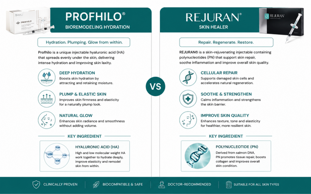 Infographic comparing Profhilo deep hydration and Rejuran cellular repair for glass skin — Beleco Clinic