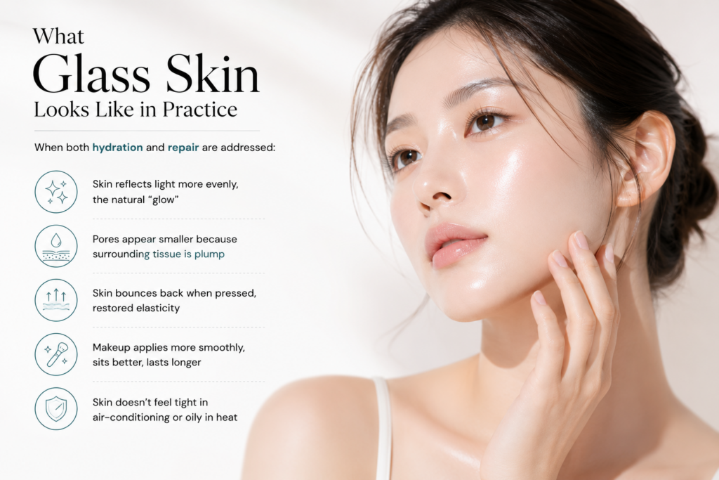 Glass skin result — clear, even-toned, naturally luminous skin with refined pores and smooth texture